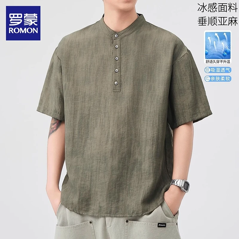 罗蒙新中式短袖t恤男士夏季薄款冰感透气宽松亨利领半袖上衣男装
