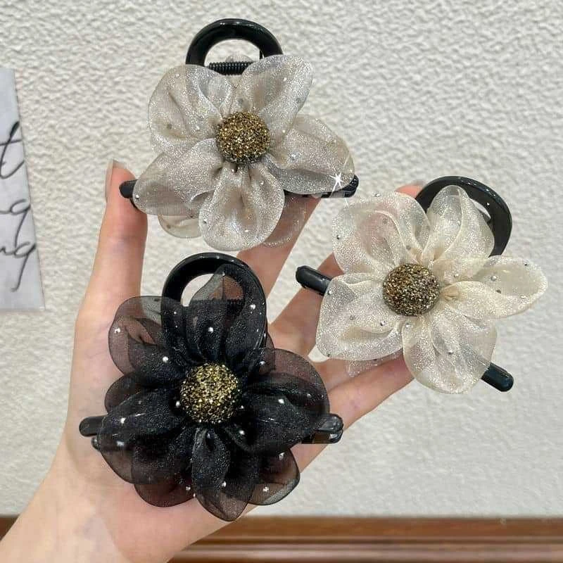 高级感网纱水钻太阳花抓夹女气质半扎发花朵发夹后脑勺盘发鲨鱼夹