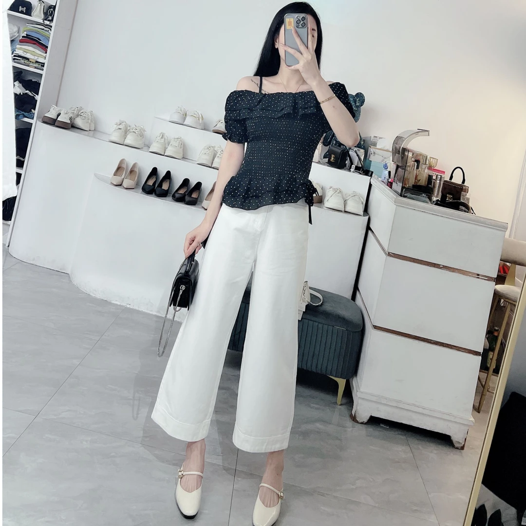 休闲风INS风时尚荷叶边夏季修身雪纺一字肩上衣