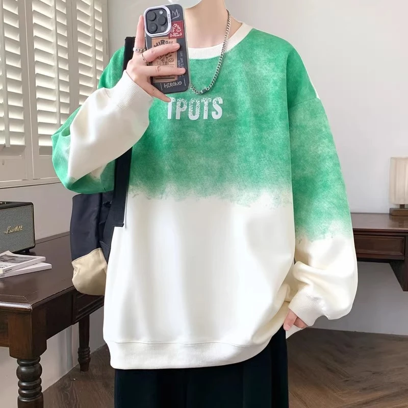 渐变色卫衣男春秋季2025新款圆领长袖t恤男宽松休闲痞帅打底上衣T
