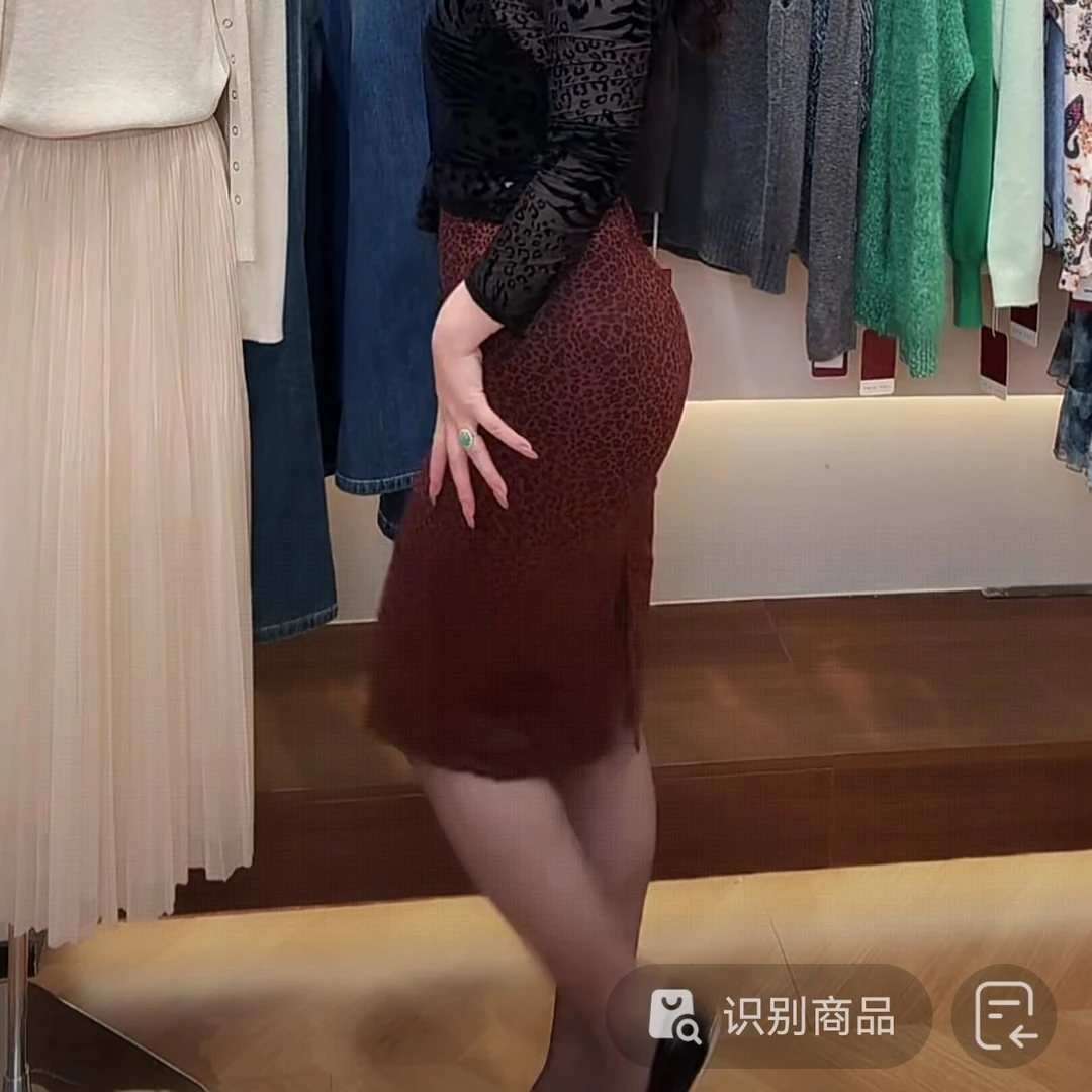 厚款豹纹显瘦开叉复古休闲中长半身裙