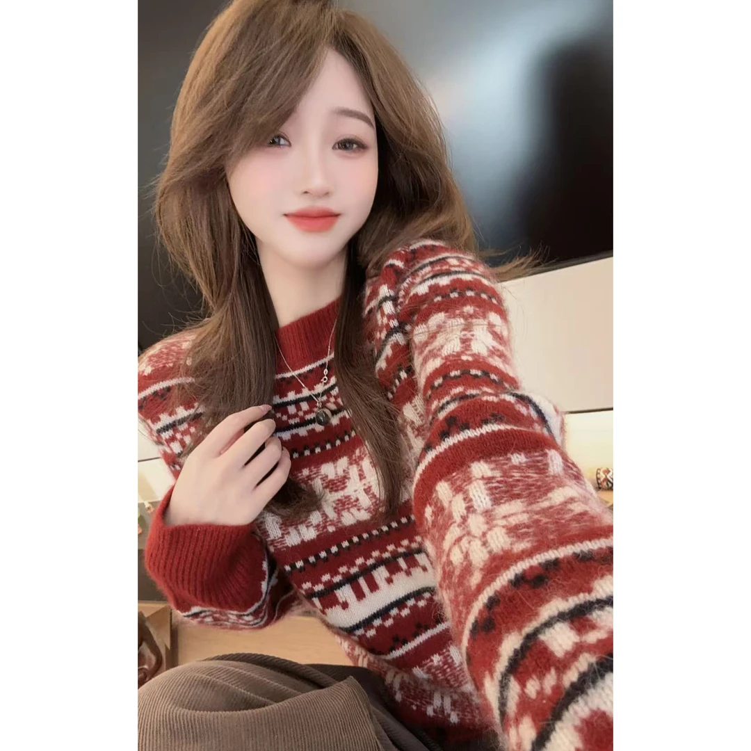 【陈陈私服】时尚设计感提花毛衣洋气显瘦套头长袖针织衫25112412