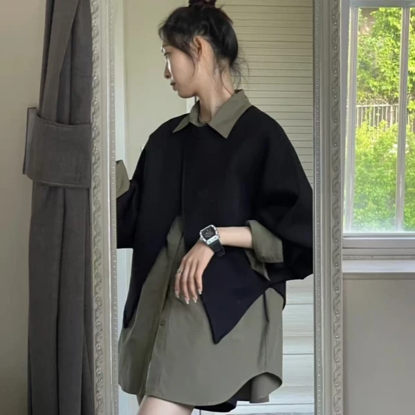 军绿色长袖衬衫女新款春秋宽松设计感小众休闲上衣+黑外搭两件套