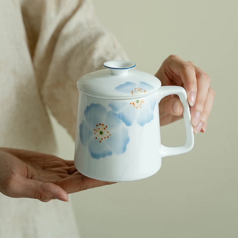 赞朴白瓷纯手绘蓝影办公杯家用带盖内胆茶水分离马克杯泡茶杯女士