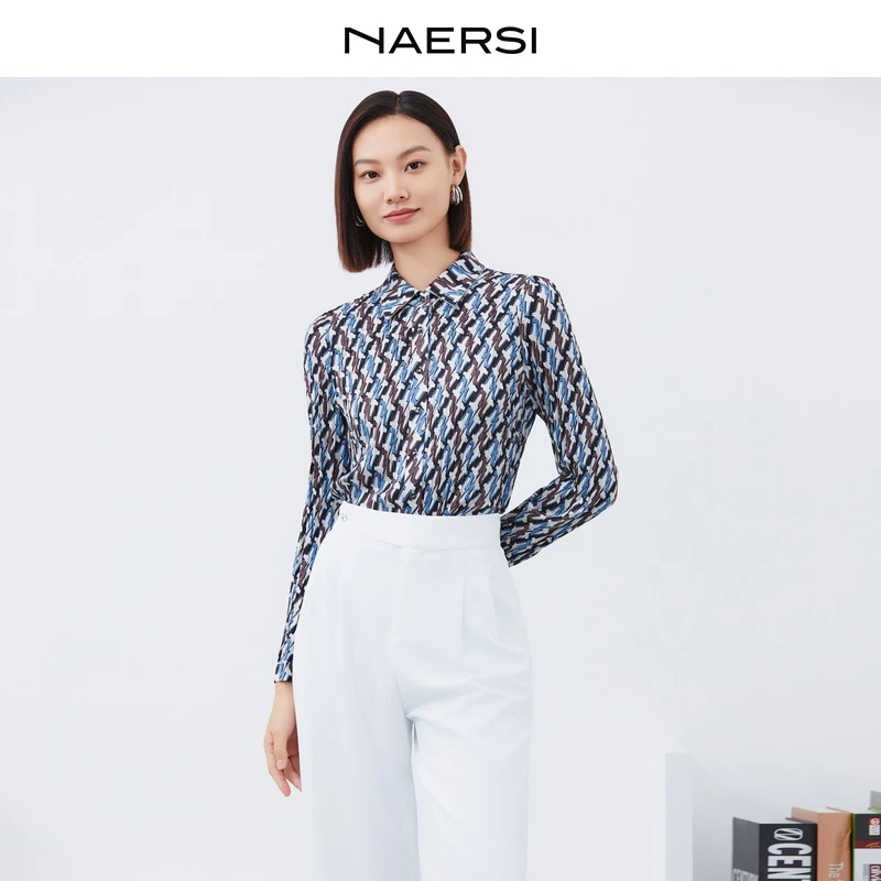 娜尔思25年春季印花款衬衣衬衫长袖修身显瘦开襟上衣女NE00833M2
