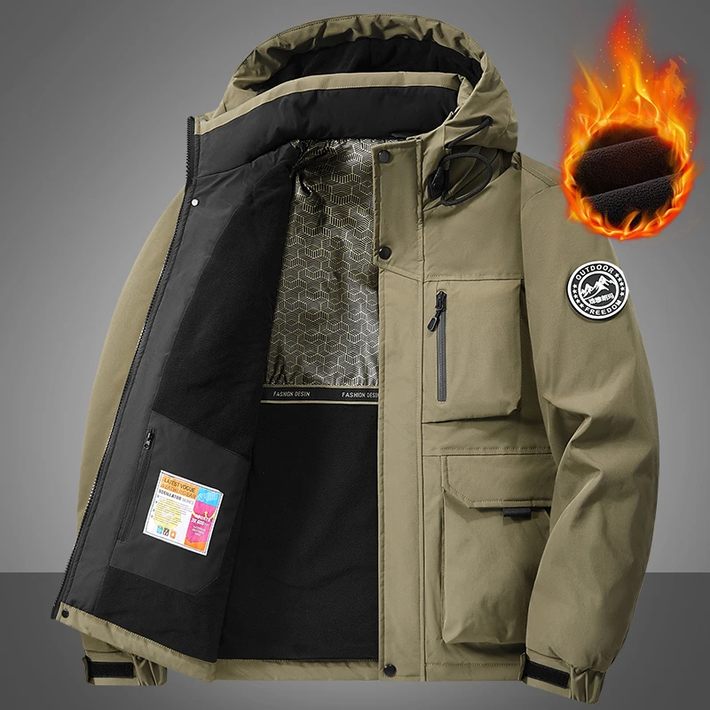 雅鹿男装冬季保暖棉衣加绒加厚男士棉袄户外多袋防风棉服连帽外套