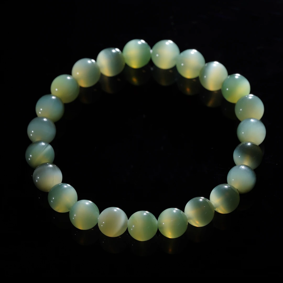 【鹿鸣】和田玉粉青猫眼圆珠手串 8mm H158