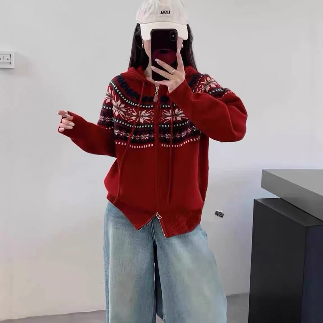 菲玥家费尔岛新款韩系连帽加厚保暖百搭针织开衫毛衣