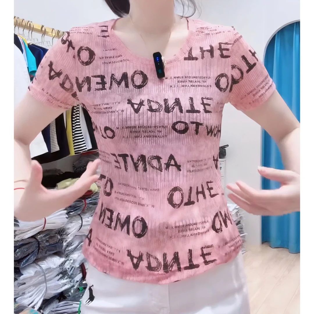 夏装修身显瘦休闲短款上衣轻职风印花字母圆领包袖时尚短袖T恤女