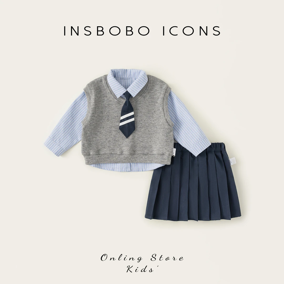 INSbobo儿童学院风衬衫休闲马甲洋气半身百褶裙三件套CT25081A