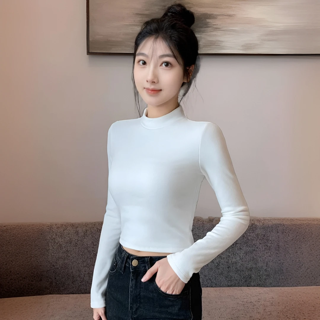 秋冬洋气黑色显瘦半高领女紧身加绒双面绒内搭短款上衣长袖打底衫