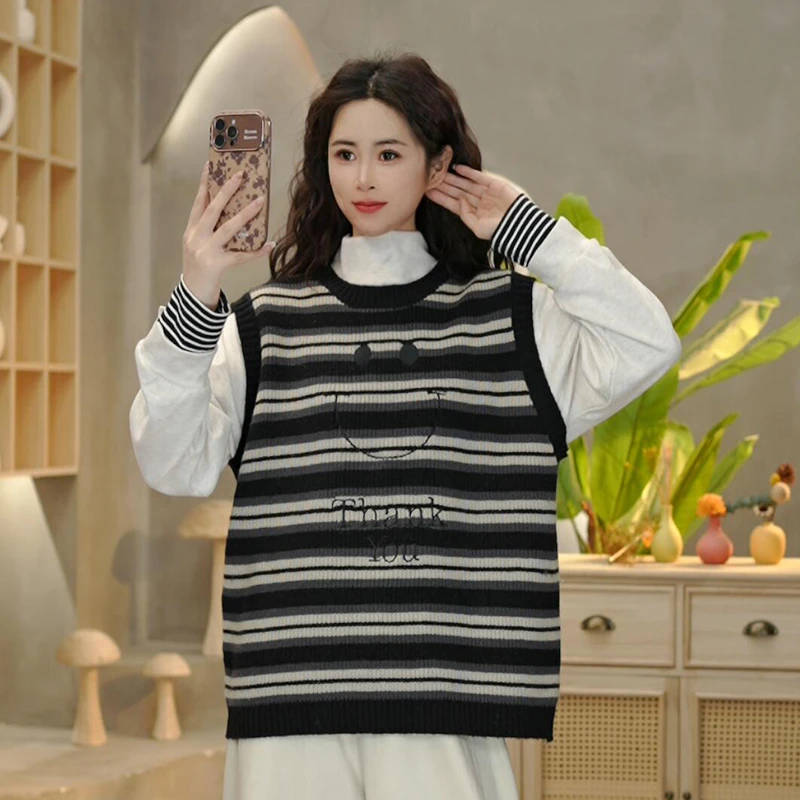 5148 冬季新款套头宽松百搭笑脸条纹无袖马甲休闲时尚针织背心