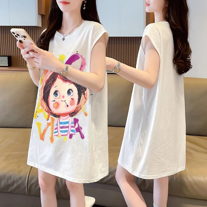 大码女装胖mm纯棉无袖背心T恤女夏季新款韩版宽松百搭中长款上衣