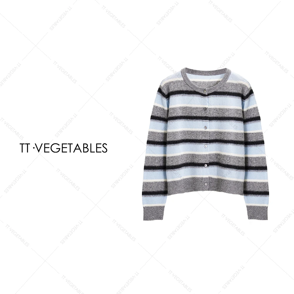 TT・VEGETABLES【序白】半眠 长袖打底衫圆领毛针织衫条纹上衣521363