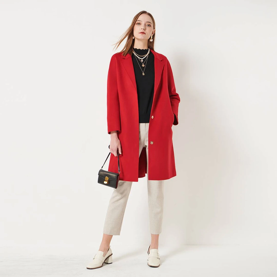 【S家】红色大衣双面羊毛呢子毛呢冬季大衣长款大衣女款