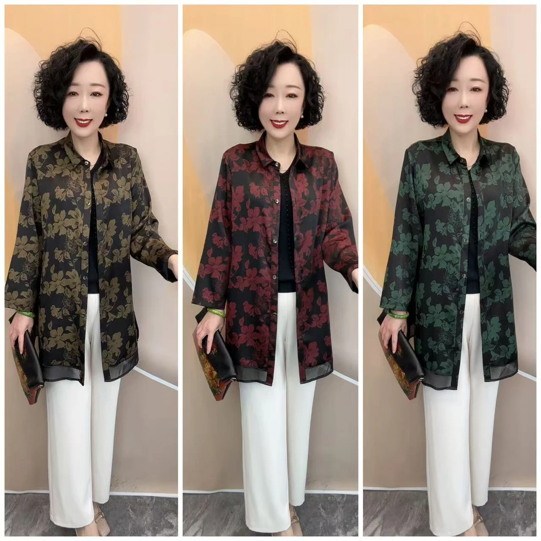 2511新款夏爆款长袖花色薄款丝缎宽松大码中款薄风衣外披，衣长80