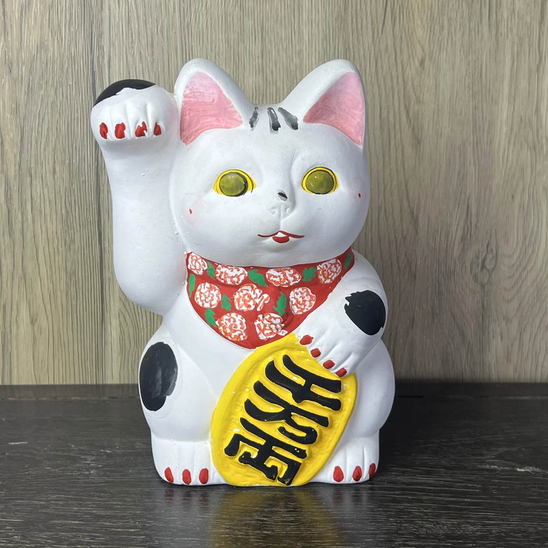 日本正品中古金眼睛手绘陶制招财猫摆件(高度约21cm，稀有款)