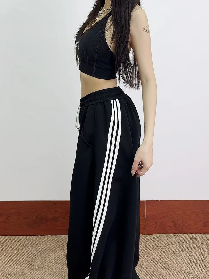 韩版复古潮流个性条纹运动裤女2025春季新款百搭直筒阔腿弯刀裤