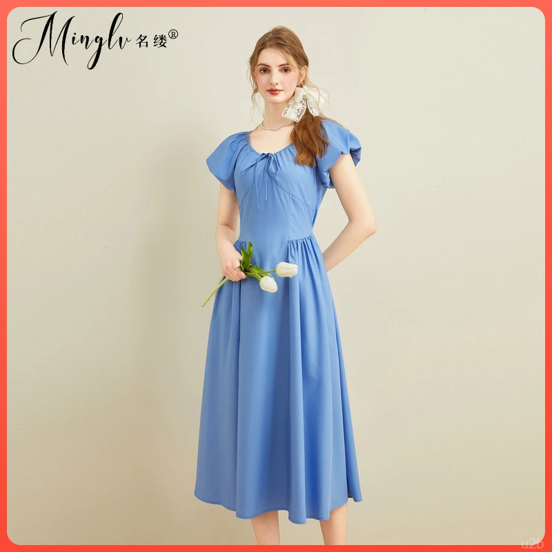 名缕高端品牌蓝色连衣裙夏季新品法式桔梗裙A字裙收腰显瘦长裙