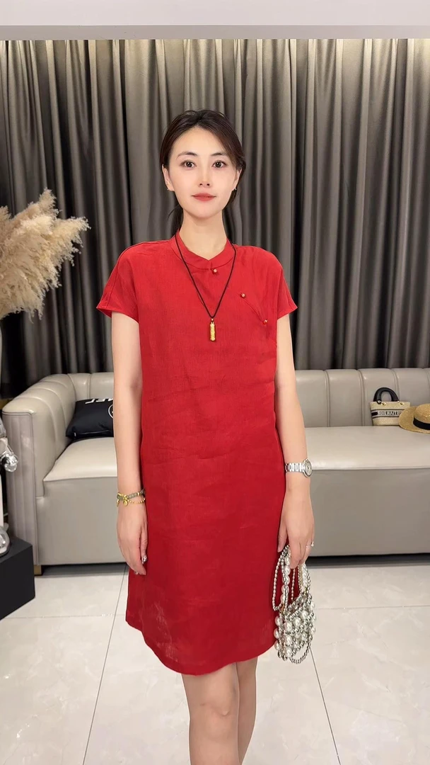 夏季清凉一夏新中式国风设计纯色亚麻连体裙显瘦百搭