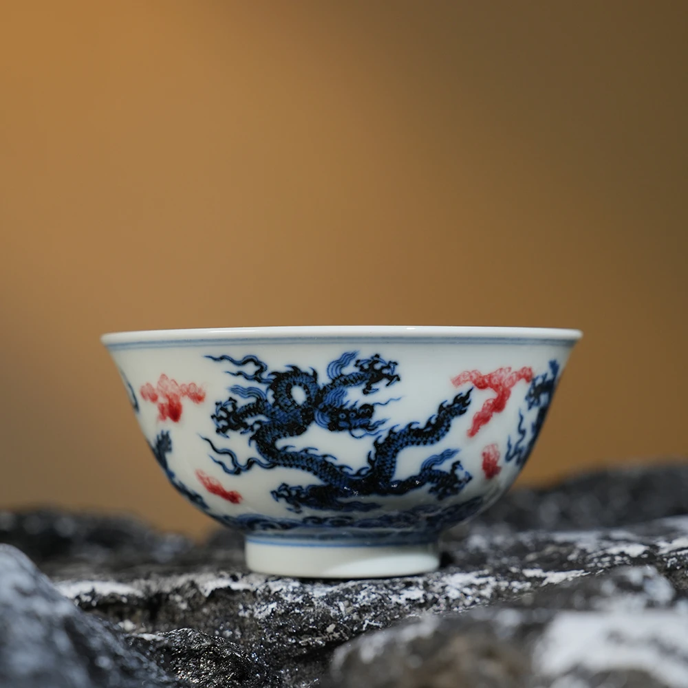 屹朴堂青花釉里红五龙撇口杯100ml 景德镇釉下彩 全手工手绘茶具