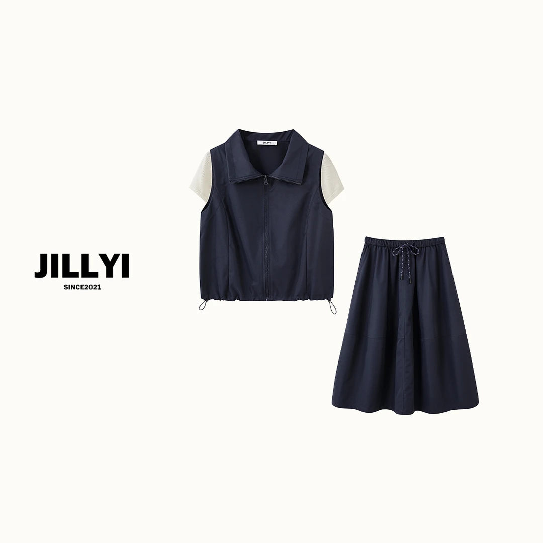 JILLYI珠海店【夏日初恋】+【月光漫步】藏蓝色套装内搭白色T恤运动风