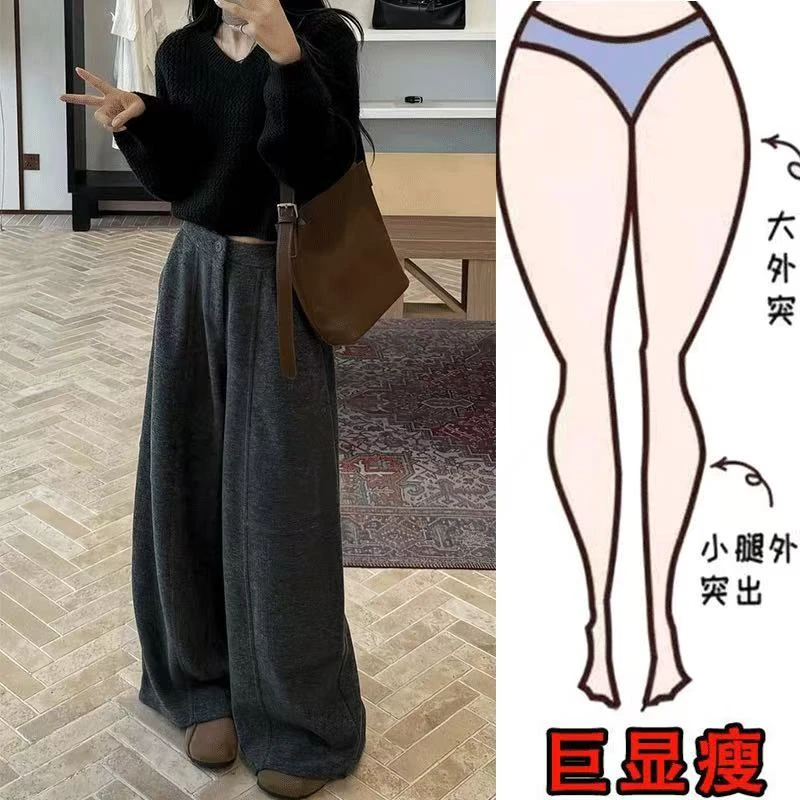 秋冬新款韩版宽松毛呢休闲裤梨形身材显瘦简约风纯色阔腿裤