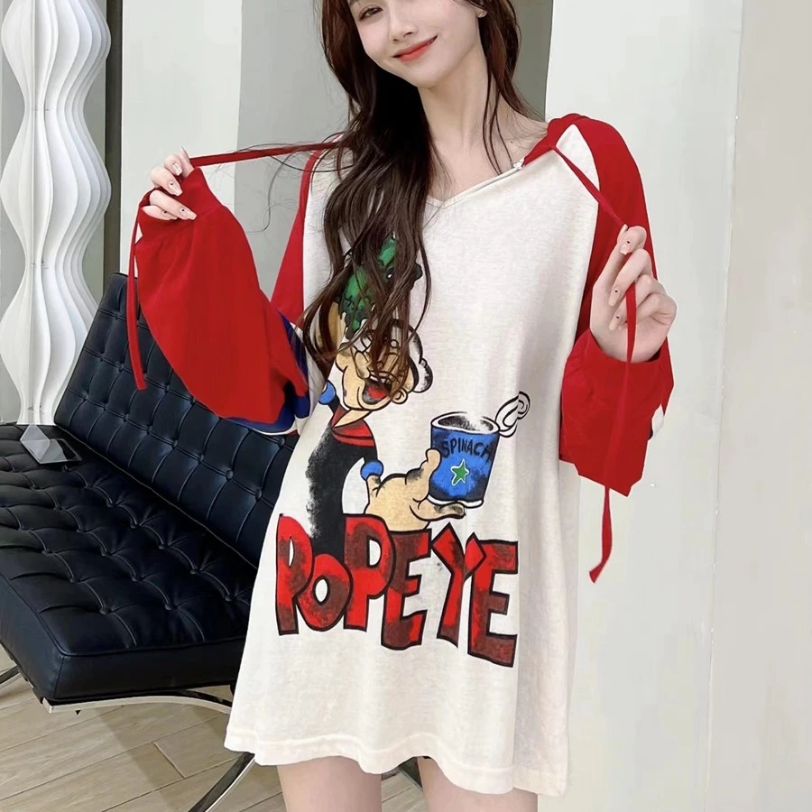 大力水手连帽长袖t恤大码女装夏季欧货漂亮卫衣宽松大版印花中长
