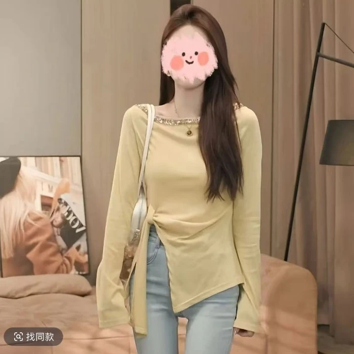 长袖打底衫烫钻修身不规则纯欲风T恤女春季新款高腰遮跨喇叭裤