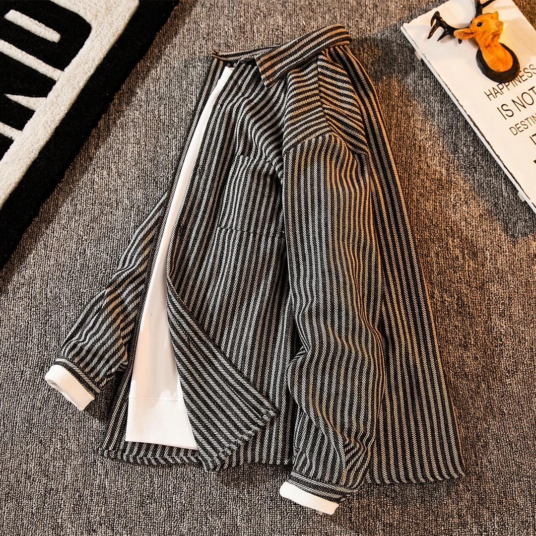 【TQUX港奢男装】条纹衬衫男长袖高级感日系复古痞帅潮牌ins秋季