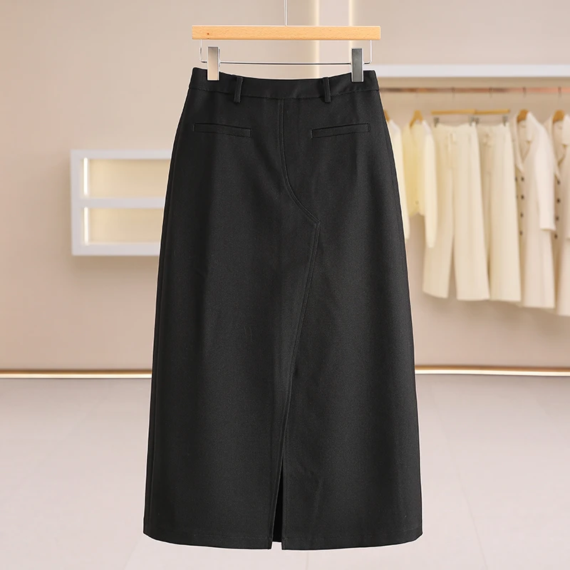 F6623-【香】高腰开叉直筒裙显瘦黑色半身裙#WYX58E009