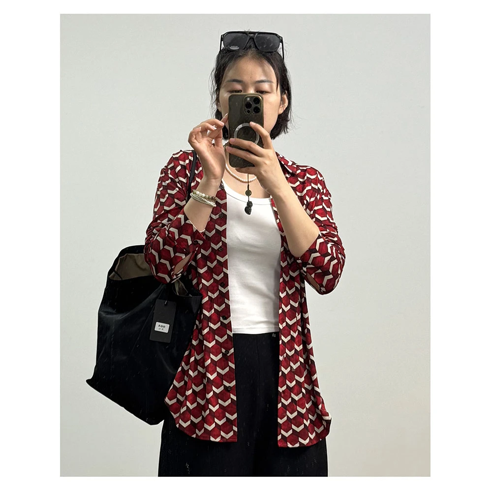 C195  秋季新款女士宽松花色翻领长袖时尚百搭衬衫女