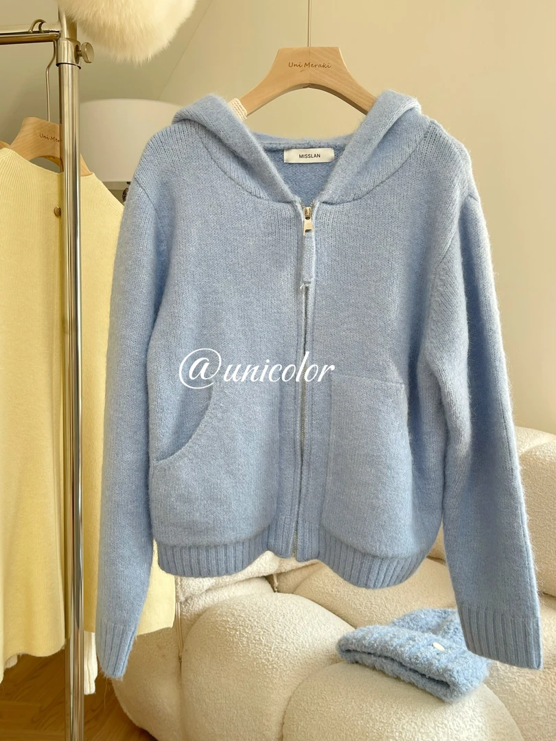 小个子版-天空蓝戴帽针织拉链外套