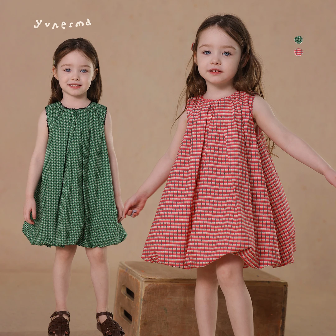 允儿妈女童夏季可爱格子花苞连衣裙宝宝洋气背心裙儿童公主裙裙子