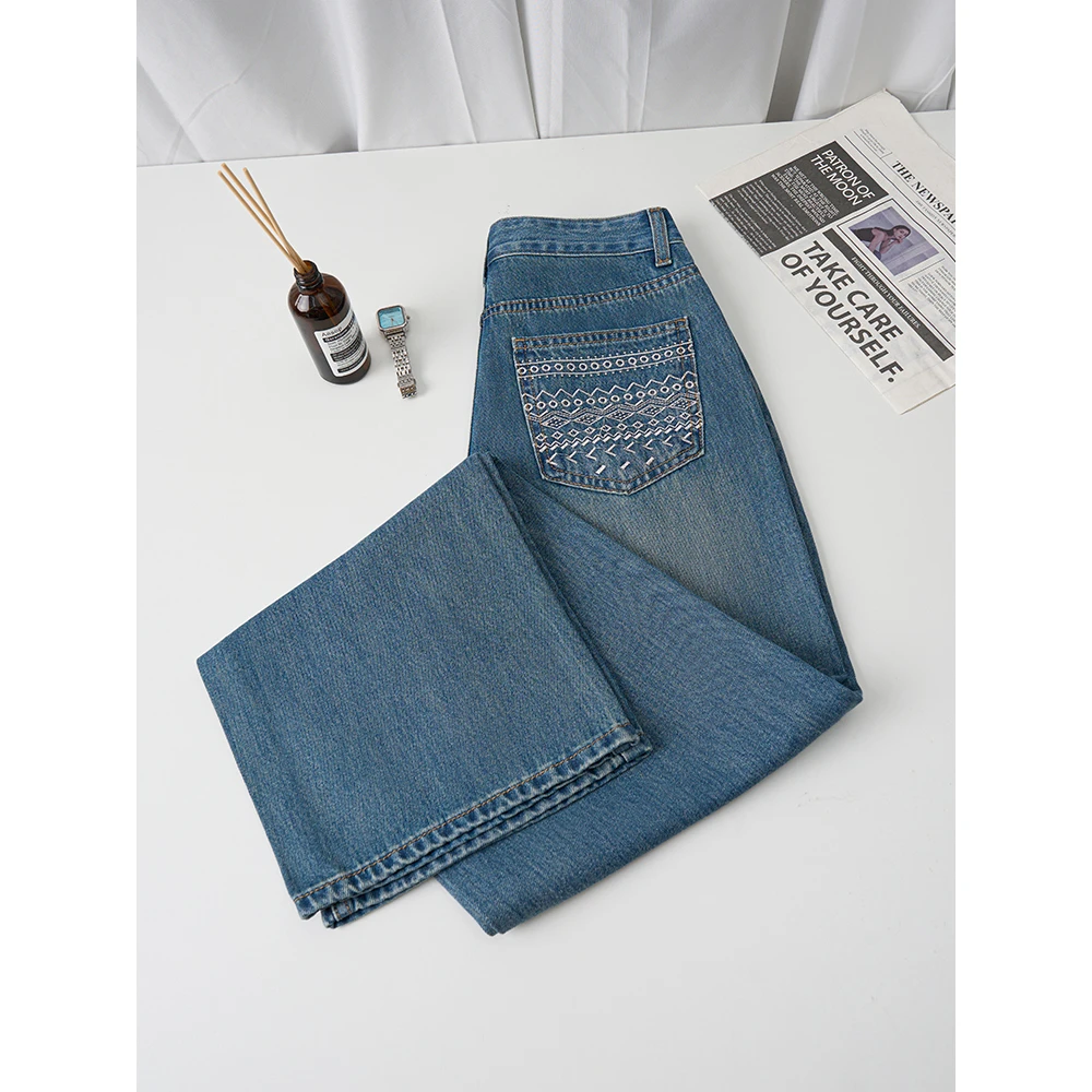 missrococo/洛可可小姐2025夏季新款时尚中高腰窄版直筒牛仔长裤