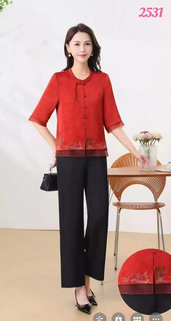 薄款碎花九分裤刺绣中老年女装提花夏季中式休闲宽松套装