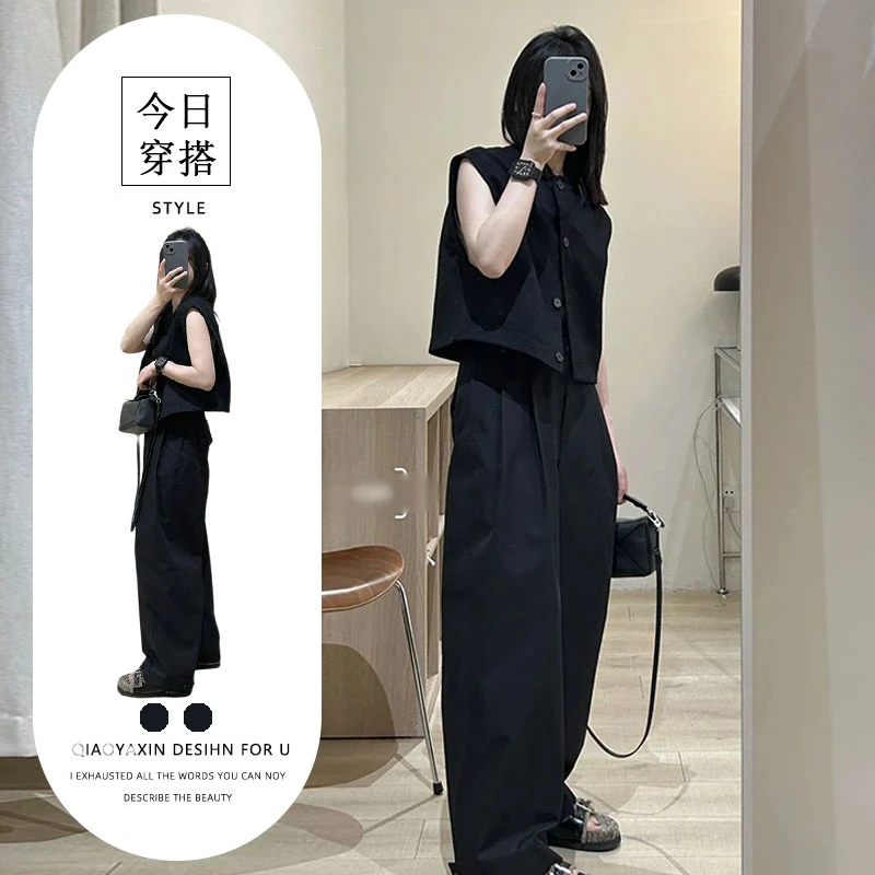 时尚套装韩版无袖马甲衬衫上衣开春穿搭女士春夏季高腰裤子两件套