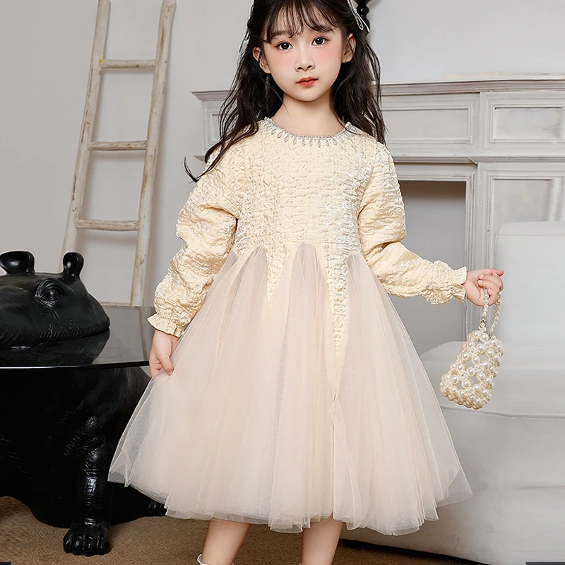 女童珍珠公主裙2025新款秋冬白色裙子春秋儿童小女孩