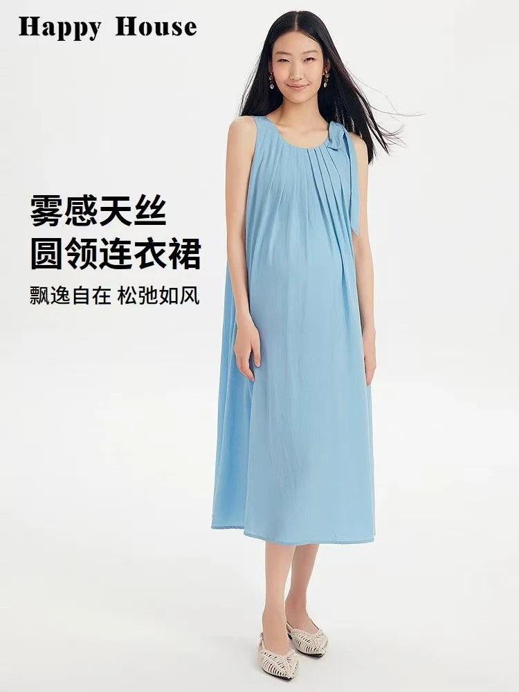 快乐屋夏薄款孕妇裙雾感莱赛尔法式无袖连衣裙宽松长裙HH32627