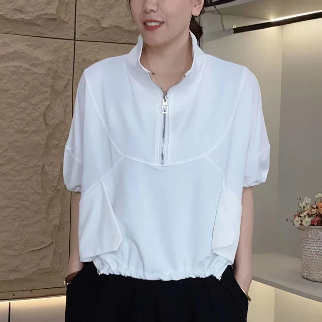 夏季新款纯色气质半拉链设计感抽绳下摆t恤宽松休闲百搭上衣