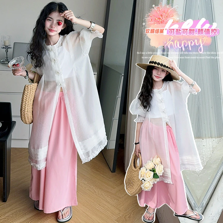 女童防晒套装夏季2025新款网红中大童洋气时髦海边夏日穿搭三件套