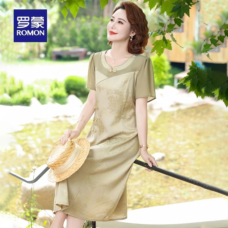 罗蒙妈妈夏装新款改良旗袍连衣裙中老年女夏季高贵气质国风长裙子