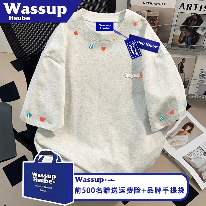 WASSUP HSUBE卡通印花随性圆领T恤夏季男女款上衣ins白灰纯棉短袖