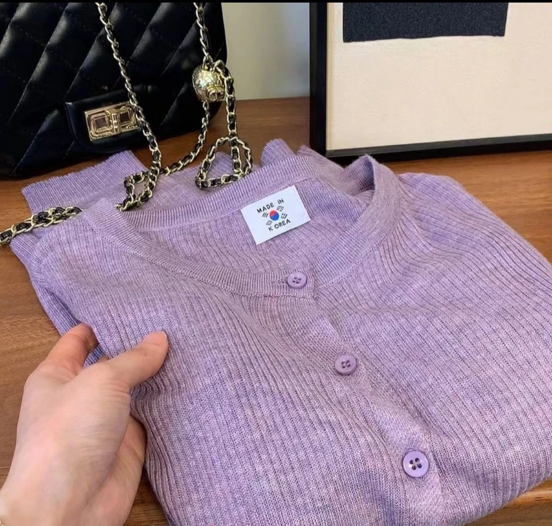 新款圆领韩国标竖坑条薄开衫针织衫纯色宽松显瘦休闲防晒衣外套