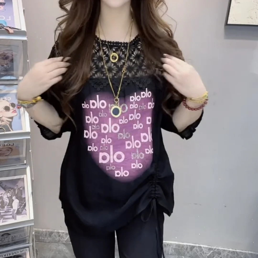 甜美风镂空3D短袖中长款字母T恤小众休闲韩版套装