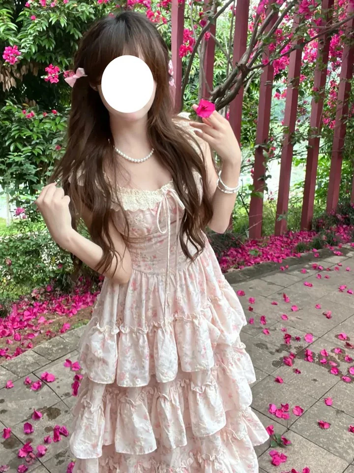 别叫醒我 樱紫花翎甜美小飞袖温柔碎花收腰连衣裙长款