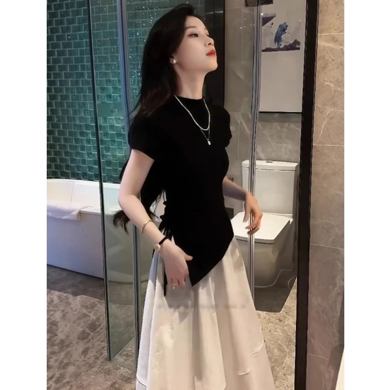 黑色不规则开叉小飞袖针织冰丝短款上衣女夏季设计感正肩短袖t恤
