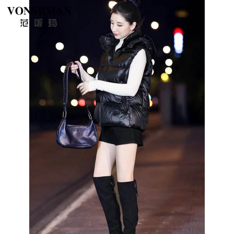 免洗亮面短款羽绒服马甲女2025年冬季新款百搭小个子外穿背心外套