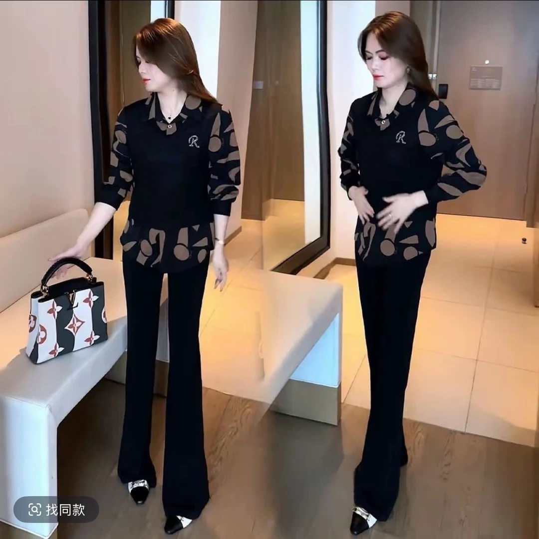 假两件R标衬衫女2025新款宽松女装中年妈妈时尚小衫拼接长袖衬衣