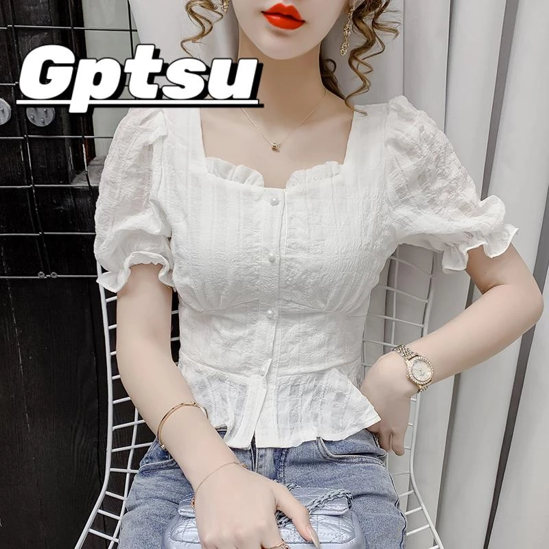 GPTSu雪纺衫女夏2025新款方领泡泡短袖法式衬衫收腰短款小衫上衣